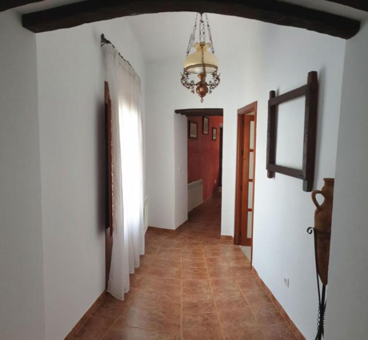 Pasillo iluminado con paredes blancas, suelo de baldosas marrones y una lámpara colgante.